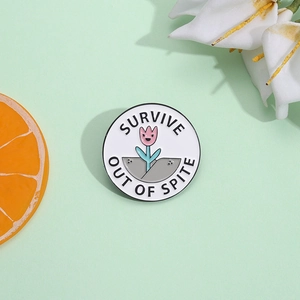 Round Enamel Pin Survive Out Of Spite Pink Flower Tulip Alloy Brooch Badge Personalized Cartoon Jewelry For Women Backpack Decor