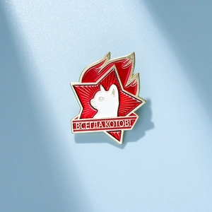Cute white cat enamel pin badge with red star and flame design on blue background