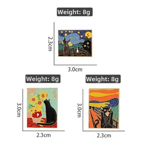 Detailed size chart for black cat enamel pins featuring starry night and sunflower art
