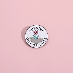Minimalist round flower pin with tulip and Survive Out Of Spite text on pink background
