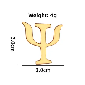 Golden Greek Psi symbol brooch pin detail with dimensions 3.0cm and 4g weight specs