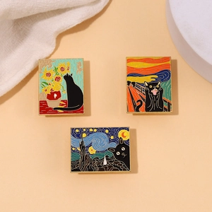 Detail of artistic enamel pins featuring black cats inspired by famous oil paintings