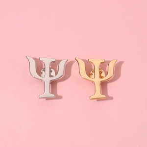 Minimalist gold and silver Psi symbol pins made of polished alloy for psychology lovers