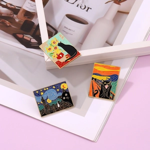 Detailed set of black cat enamel pins inspired by Van Gogh and Munch art masterpieces
