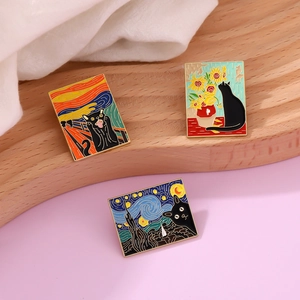 Three-piece black cat enamel pin set featuring Van Gogh and Munch oil painting designs