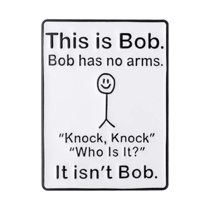 Minimalist white enamel brooch with black border and humorous This is Bob stick figure