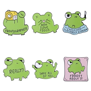 Set of six funny cartoon frog enamel pins with unique expressions and catchy English phrases