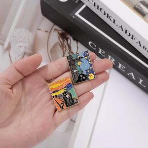 Artistic black cat enamel pins set featuring Starry Night and The Scream oil painting style