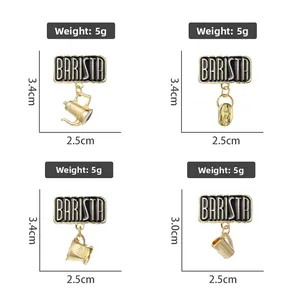 Detailed views of gold Barista enamel brooches with coffee pot and bean charms