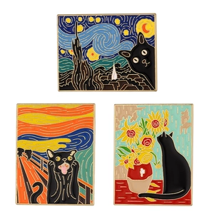 Creative black cat enamel pins featuring Van Gogh and Munch oil painting art designs