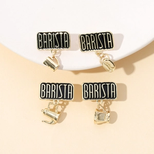 Barista enamel pins set with coffee bean and pitcher charms in gold and black finish