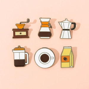 Set of 6 creative coffee enamel pins featuring grinders, moka pots, and French press designs