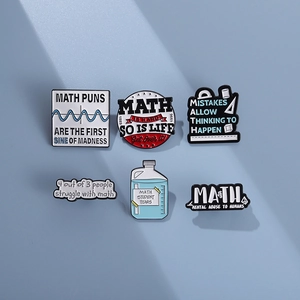 Set of 6 math-themed alloy enamel pins featuring function curves and creative math puns