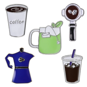 5-piece coffee enamel pin set featuring mocha pot and takeout cup on white background