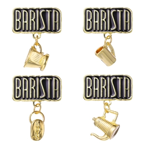 Barista enamel pin set featuring gold coffee cup bean and pot charms on white background