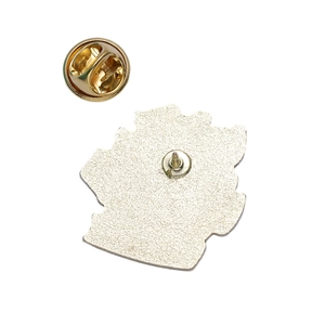 Detailed back view of golden metal cat brooch with sandblasted texture and butterfly clasp