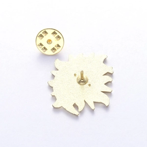 Detailed back view of gold sunflower metal pin badge showing clutch and textured finish