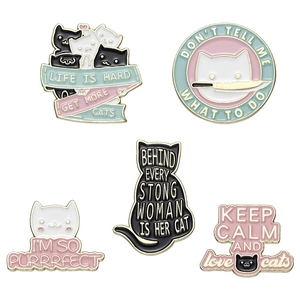 Set of five cute cat enamel pins in black, white and pink for bags and clothing