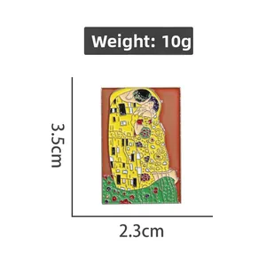 Detail view of Gustav Klimt The Kiss enamel pin with 3.5cm by 2.3cm size dimensions