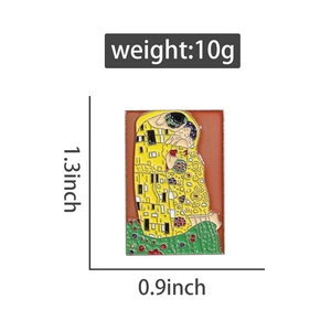Detailed size chart for Klimt The Kiss enamel pin showing 1.3 inch by 0.9 inch dimensions