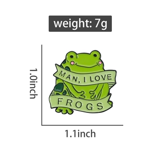 Detail of green frog enamel pin with size 1.1x1.0 inch and weight 7g specifications