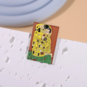 Artistic rectangle enamel brooch featuring Gustav Klimt's The Kiss with silver metal edges