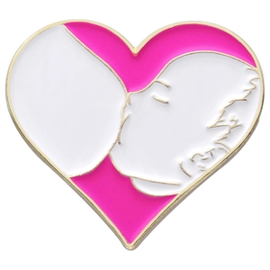 Pink heart enamel brooch with golden outline featuring a breastfeeding mother and child design
