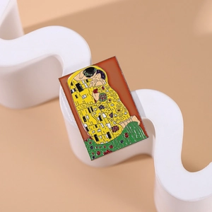 Artistic rectangular enamel brooch featuring Klimt's The Kiss with gold metal border