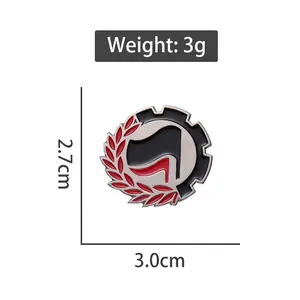 Enamel lapel pin with crossed flags and gear logo measuring 3.0cm by 2.7cm