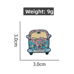 Detailed size and weight chart of a colorful hippie flower bus enamel pin