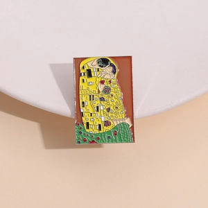 Gustav Klimt The Kiss enamel pin badge with classic painting design on beige background