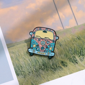 Retro hippie tour bus enamel brooch with peace sign and flowers on scenic background card