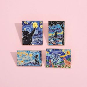Καλλιτεχνική Καρφίτσα Σμάλτου Van Gogh Έναστρη Νύχτα Γάτα Κινούμενα Σχέδια Ελαιογραφία Τοπίο Σήμα Για Τσάντα Ρούχα Κοσμήματα Unisex