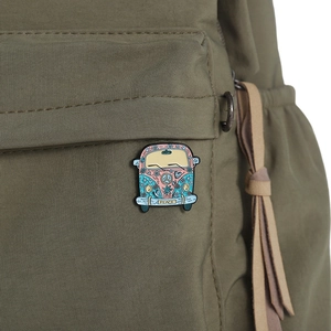 Creative retro cartoon bus enamel badge with peace sign and flower patterns on fabric bag