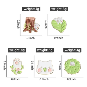 Detailed view of 5 cute cat enamel pins showing sizes 0.8 to 1.0 inch and weights