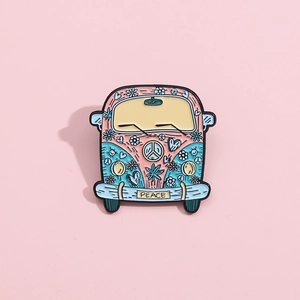 Pink and blue retro hippie bus enamel pin with peace flower patterns on pink background