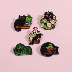 Set of five creative black cat enamel pins featuring cute plants and flowers