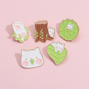 Cartoon Cat Forest Enamel Pin Set Cute Animal Leaf Tree Stump Metal Brooch Badge For Clothing Bags Backpacks Kids Jewelry