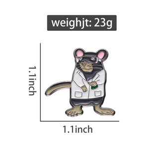 Detail view of cartoon mouse researcher enamel pin with 1.1 inch size and 23g weight