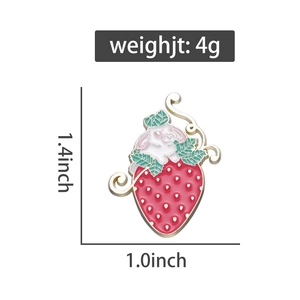 Detail view of rabbit and strawberry enamel pin with size specs: 1.4x1.0 inches
