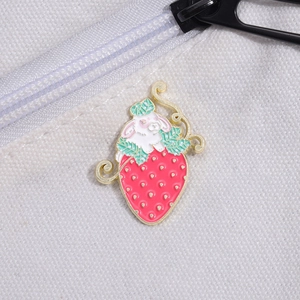 Creative strawberry rabbit enamel brooch featuring pink strawberry and cute white bunny