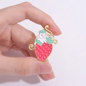 Creative strawberry rabbit enamel pin made of gold metal and pink oil drip finish