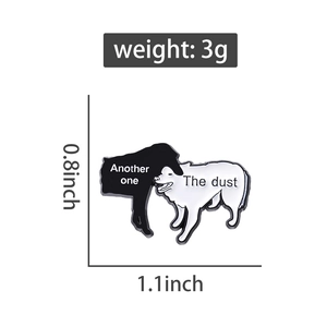Detailed view of enamel dog pins with 'Another One' text, sized 0.8x1.1 inches and 3g weight