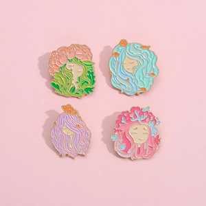 Artistic Cartoon Girl Enamel Brooch Pin Alloy Floral Marine Life Butterfly Design Cute Badge For Clothes Bags Accessories
