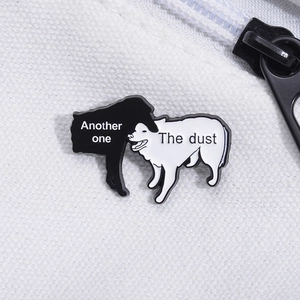 Funny cartoon dog enamel pins with 'Another one bites the dust' text on canvas bag