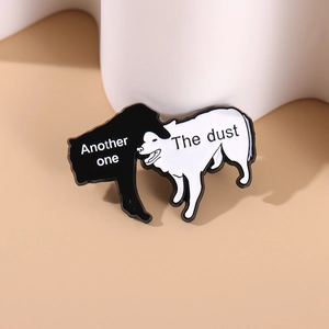 Creative black and white puppy enamel pins with Another One Bites the Dust text