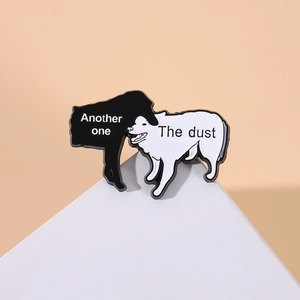 Creative black and white dog enamel pin with Another One Bites The Dust song lyrics