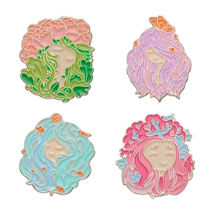 Colorful enamel pins set featuring nature themes with flowers, butterfly and ocean life