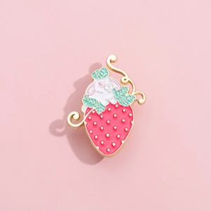 Cartoon Cute Rabbit On Strawberry Enamel Brooch Creative Alloy Metal Badge Jewelry Pin For Clothing Backpack Women Kids Gift
