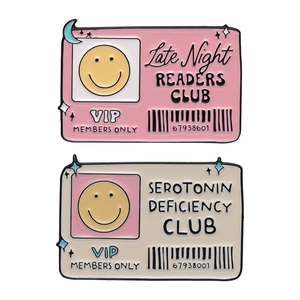 Creative square enamel pins set featuring Late Night Readers and Serotonin Deficiency Club